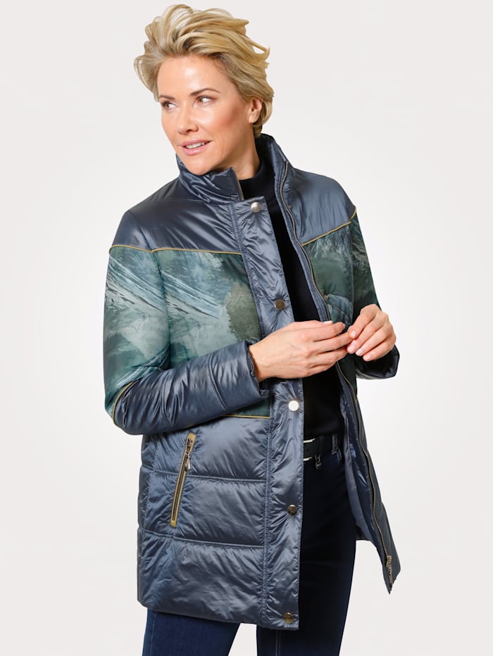 MONA Doorgestikte jas met contrastpaspels, Rookblauw/Groen/Mosterdgeel