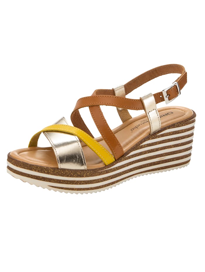Wedge sandals with chic strap detailing, Cognac/Yellow/Gold-Coloured