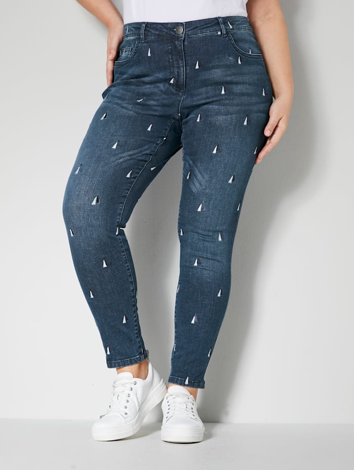 Janet & Joyce Jeans met modieus borduursel, Blue stone