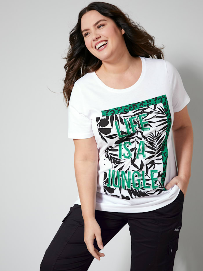 Janet & Joyce Shirt met moderne print voor, Wit/Zwart/Groen