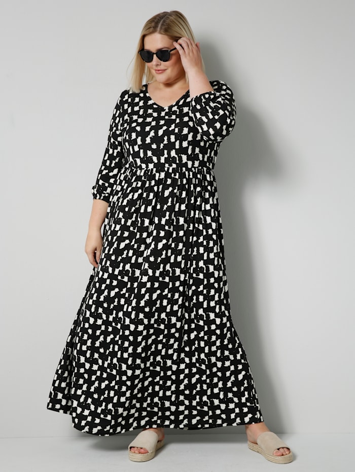 Sara Lindholm Jersey jurk in trendy maxi-lengte, Zwart/Ecru