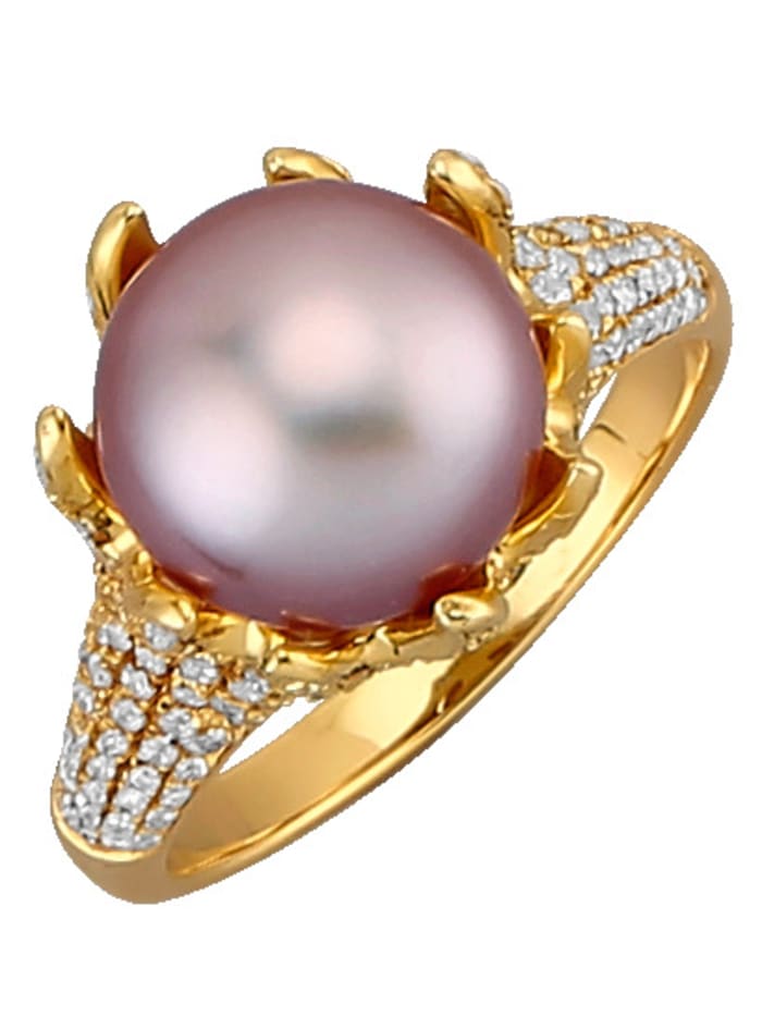Diemer Perle Ring med rosa ferskvannskulturperle og hvite, synt. zirkoner, Rosa