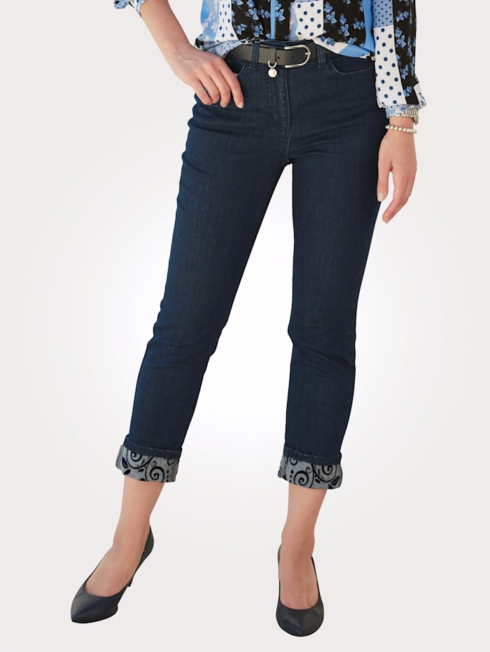 MONA Jeans mit Flockdruck in floralem Dessin, Blau