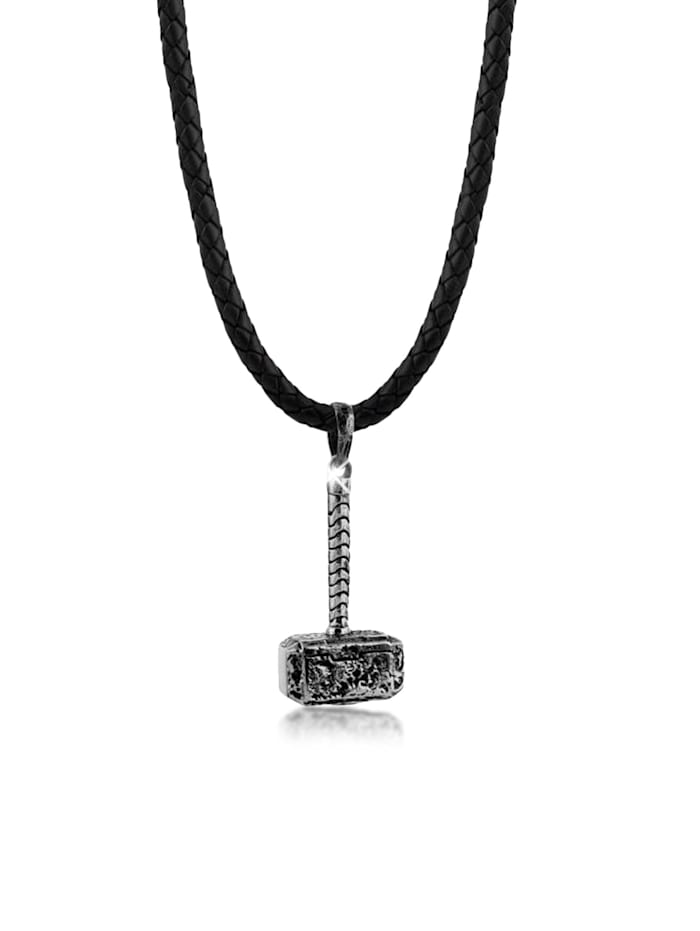 Kuzzoi Halskette Männerkette Leder Hammer Anhänger 925 Silber, Silber