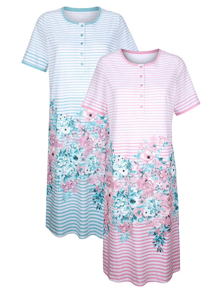 Harmony Chemises de nuit par lot de 2 à ravissante bordure imprimée, Blanc/Jade/Vieux rose