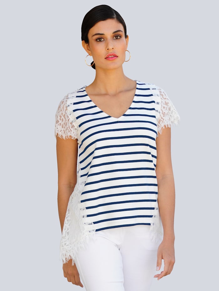 Alba Moda Shirt mit Einsätzen aus transparenter Spitze, Off-white/Marineblau