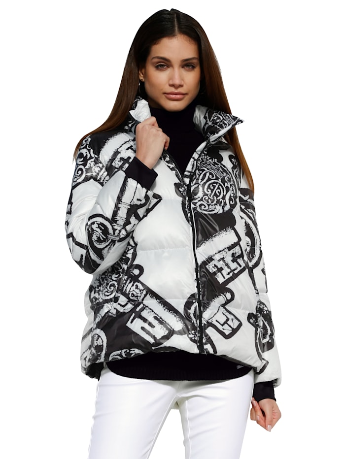 AMY VERMONT Gewatteerde jas met abstracte bloemenprint, Wit/Zwart