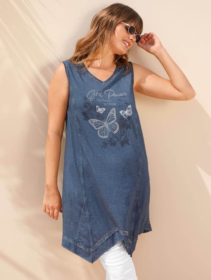 MIAMODA Lang topje met vlinderprint, Jeansblauw