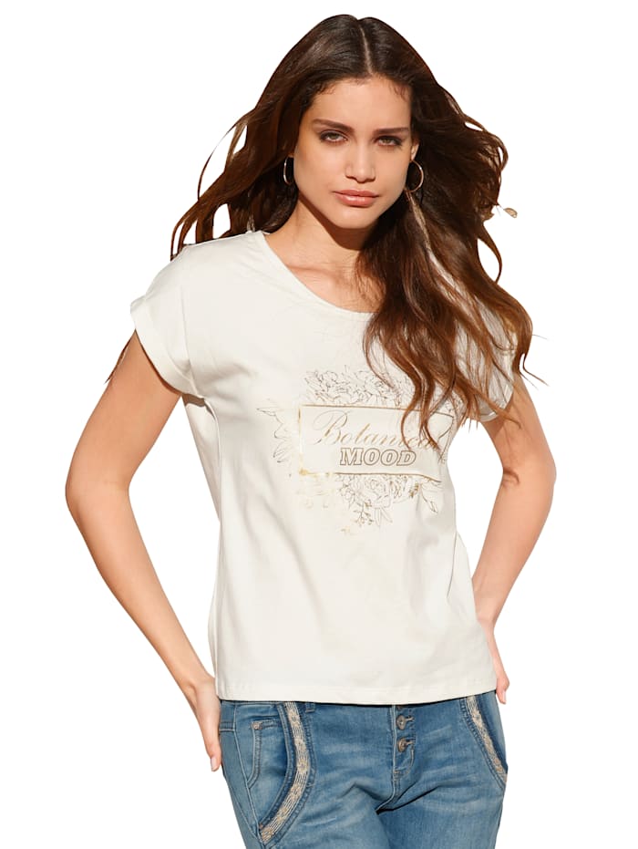 Cream Shirt Mit Wording und floralem Print, Ecru