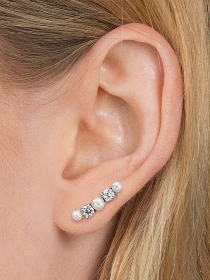 Boucles d'oreilles en argent 925, avec perles de culture d'eau douce et zirconia, Argent
