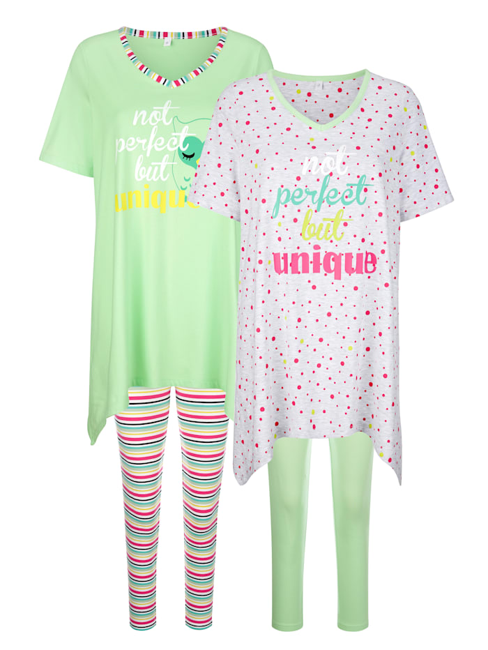 Harmony Pyjama's per 2 stuks met modieuze puntige zoom, Grijs/Lichtgroen/Pink