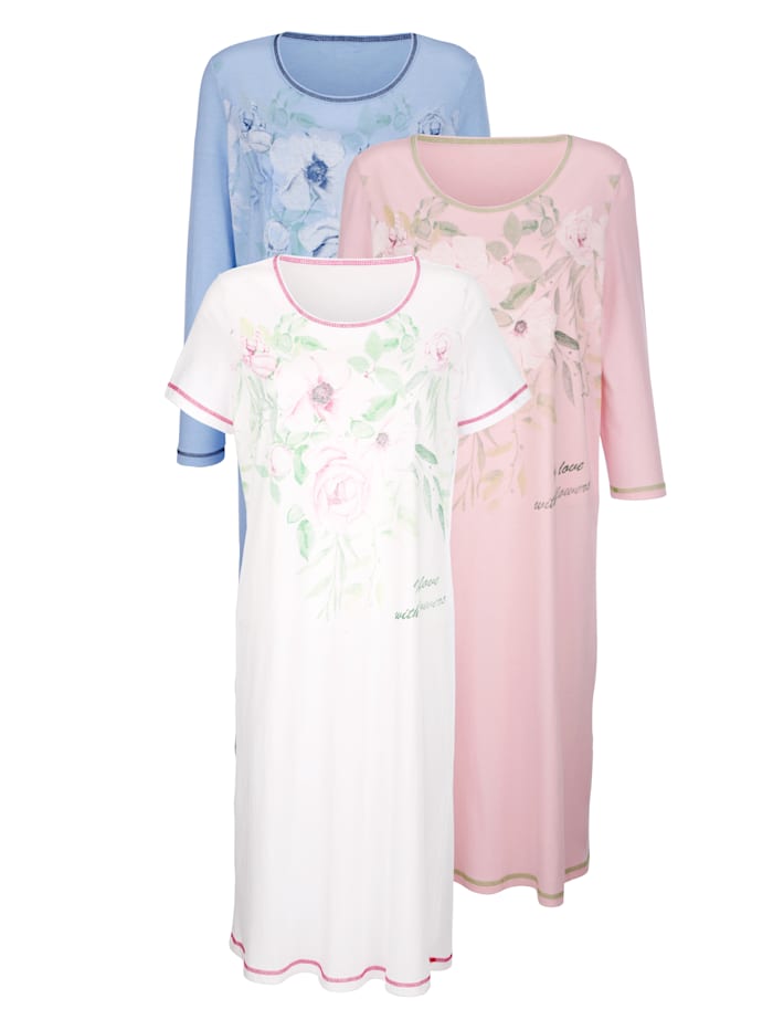 Harmony Nachthemden per 3 stuks met 3 verschillende mouwlengtes, Wit/Roze/Lichtblauw