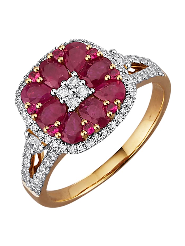 Amara Farbstein Damenring mit Rubinen und Diamanten, Rot