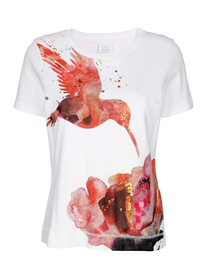SPORTALM Shirt mit Aquarell- Print und Paillettenbesatz, Weiß/Koralle