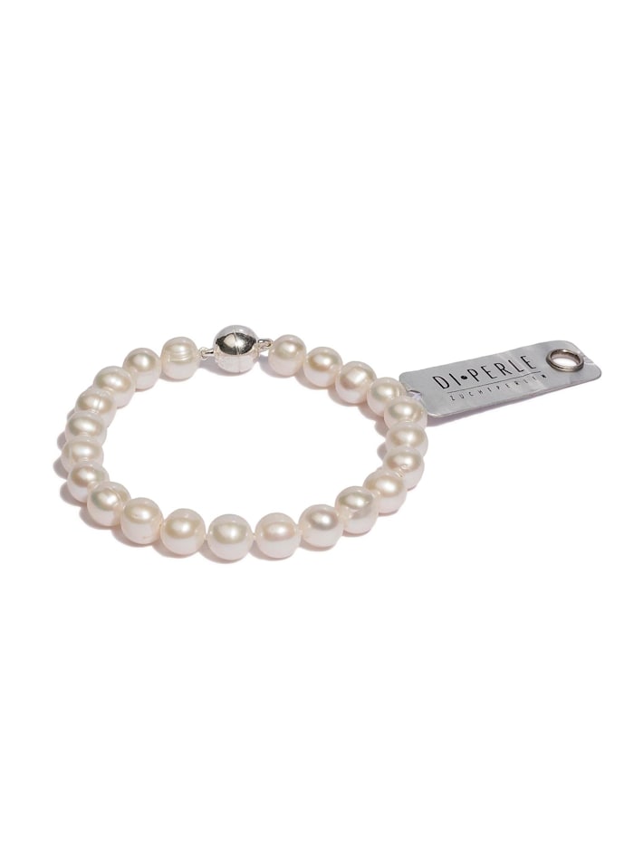 DI PERLE Damen Perlenschmuck 925 Silber Süsswasser Perlen Armband ( 19 cm ), weiß