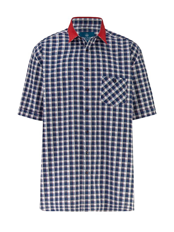 Boston Park Kurzarmseersuckerhemd mit Modern-Kentkragen, Weiß/Marineblau/Rot