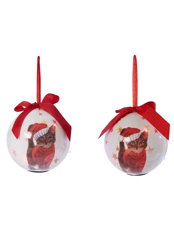 Lot de 2 boules de Noël à LED 'Chatons', Blanc/Rouge