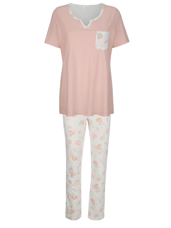 Harmony Pyjama à encolure raffinée, Rose/Bleu glacier/Écru