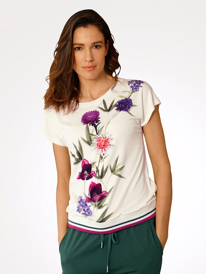 MONA T-shirt à imprimé floral photoréaliste, Écru/Rose/Vert