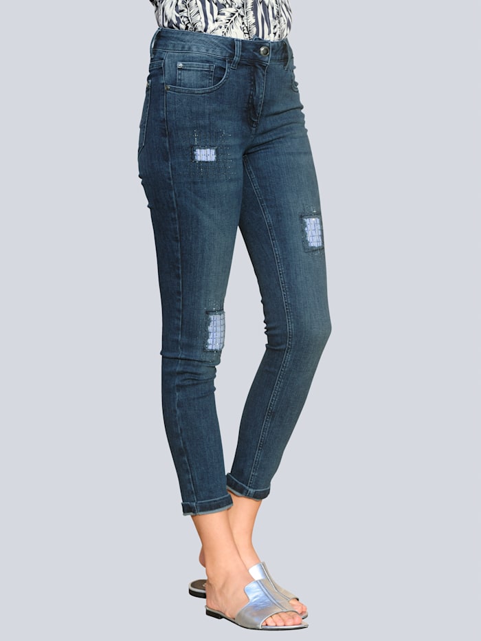 Alba Moda Jeans met batches en siersteentjes, Jeansblauw