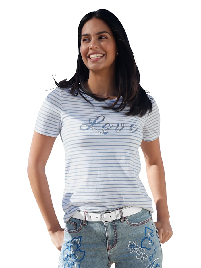 AMY VERMONT Shirt mit effektvollem Folien Print, Weiß/Blau