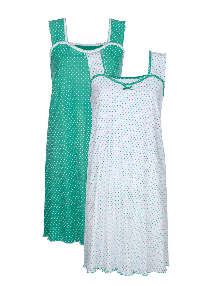 Blue Moon Nachthemden mit schöner Kontrastpaspelierung, Smaragd/Weiß