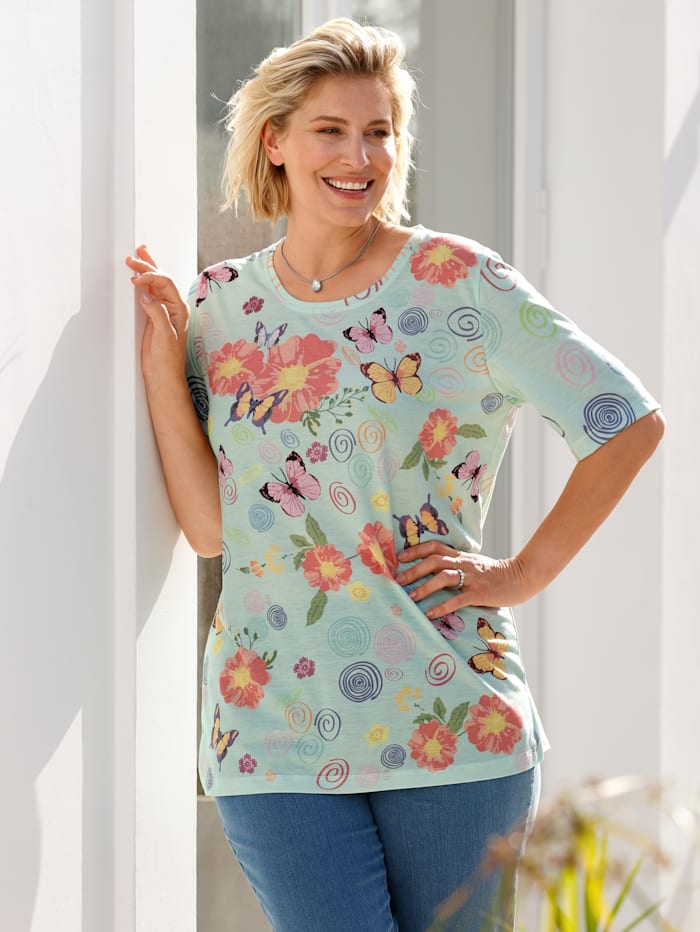 m. collection Shirt mit platziertem floralem Druckdesign vorne, Mintgrün/Multicolor