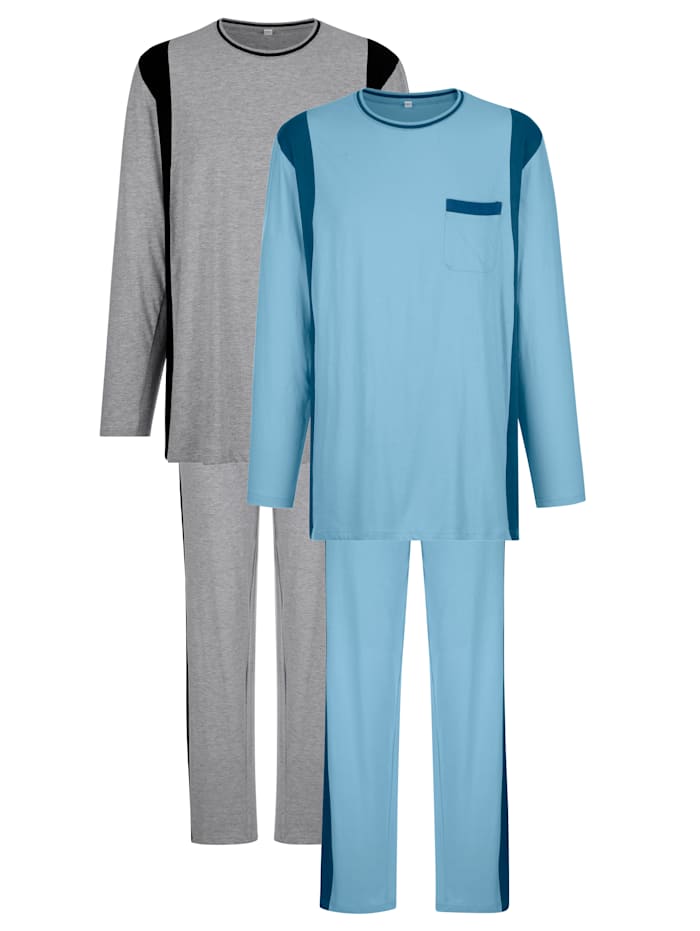 Pyjama's per 2 stuks met mooie contrastkleurige details, grijs/Blauw