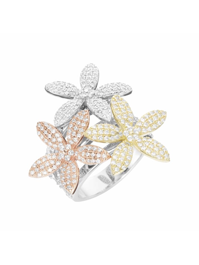 Giorgio Martello Ring Blüten mit weißen Zirkonia, Silber 925, tricolor, Silber, rosé vergoldet, Silber vergoldet