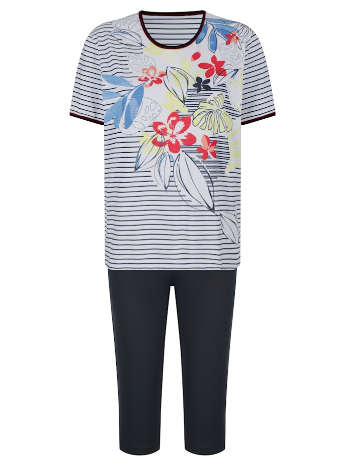 MONA Schlafanzug mit hübschem Blumendruck, Weiß/Marineblau