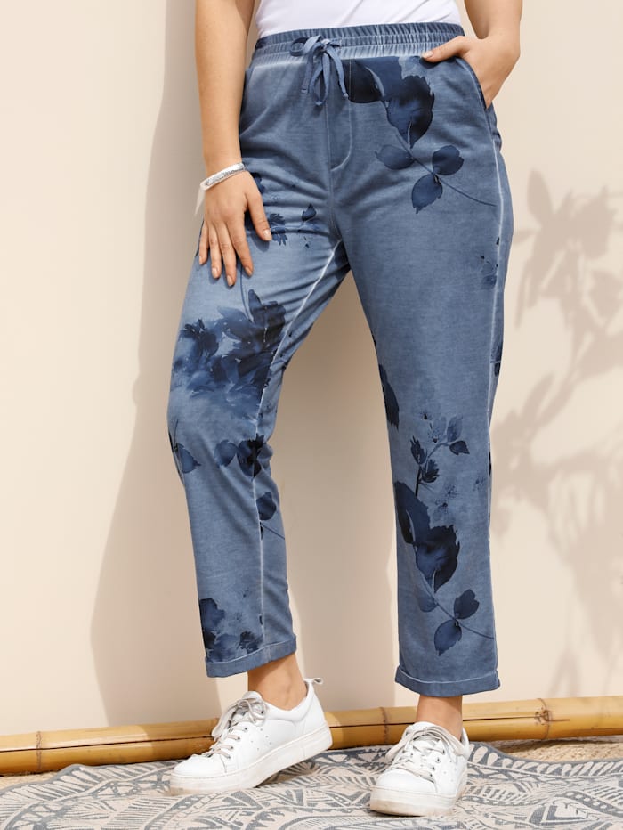 MIAMODA Pantalon molletonné à imprimé floral, Bleu jean