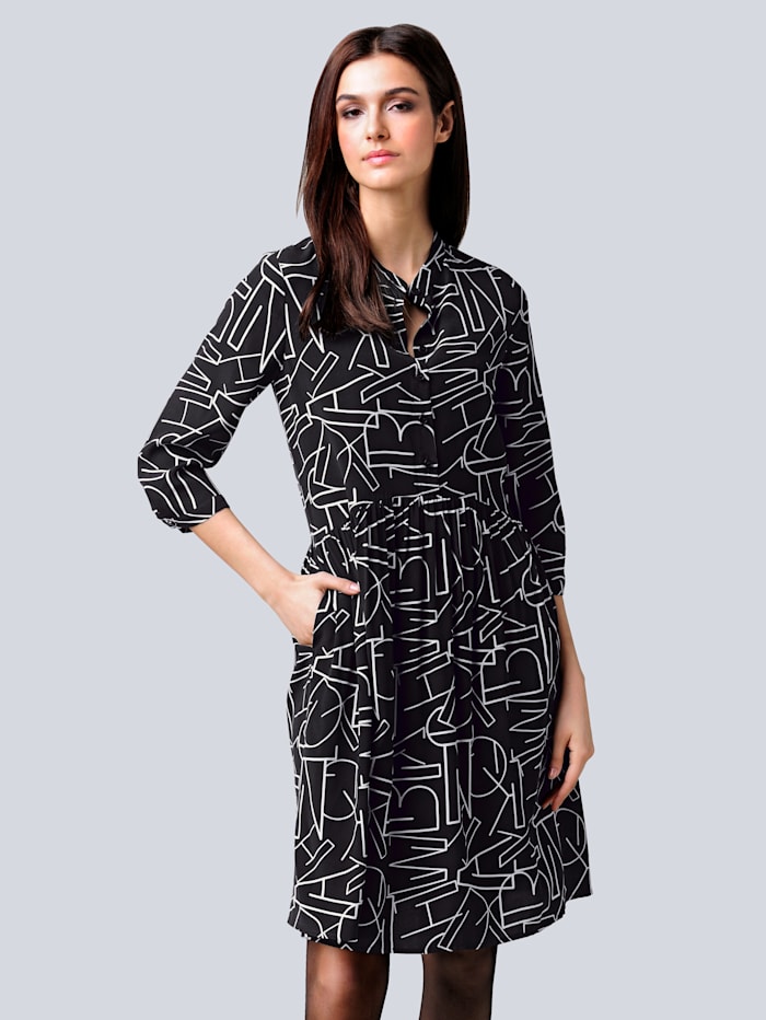 Alba Moda Kleid mit Allover Buchstaben-Print, Off-white/Schwarz