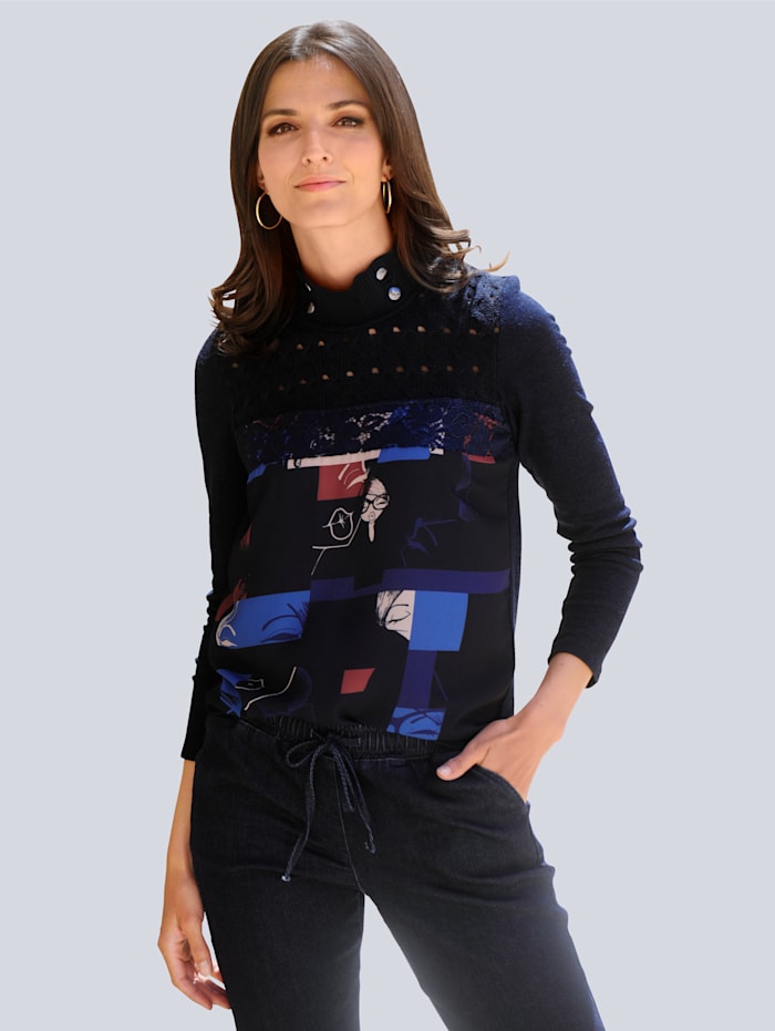 Alba Moda Shirt in schönem Materialmix, Kobaltblau/Cognac/Marineblau