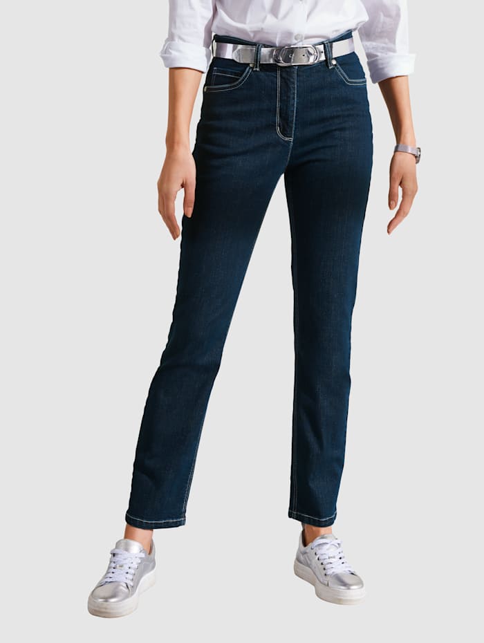 MONA Jeans med broderad logotyp, Mörkblå