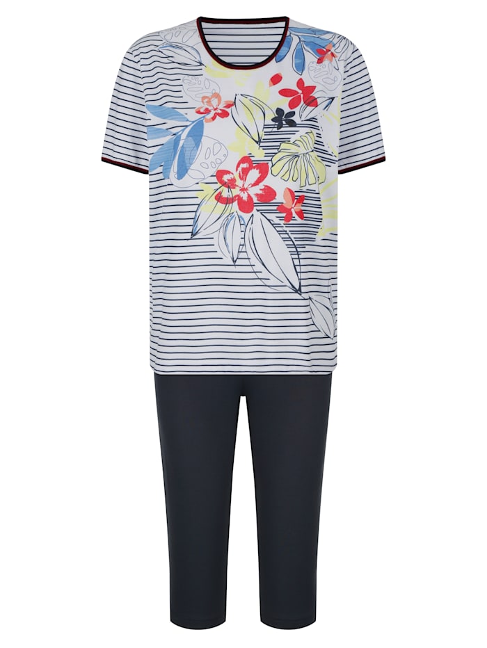 MONA Pyjama – raitapaita kukkaprintillä, Valkoinen/Laivastonsininen