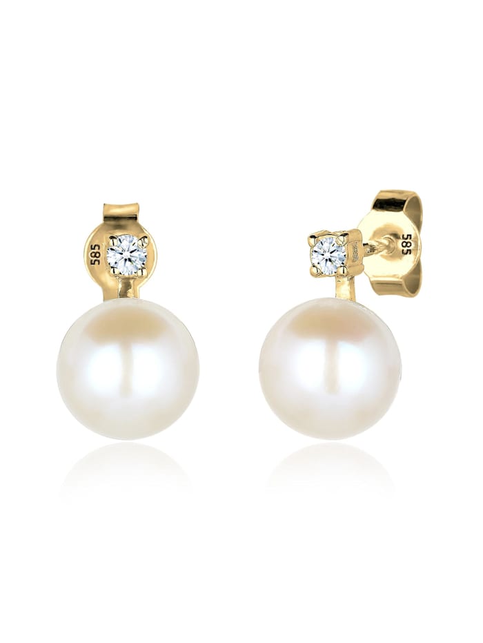 Elli DIAMONDS Ohrringe Perle Elegant Diamant (0.06 Ct.) 585 Gelbgold, Weiß