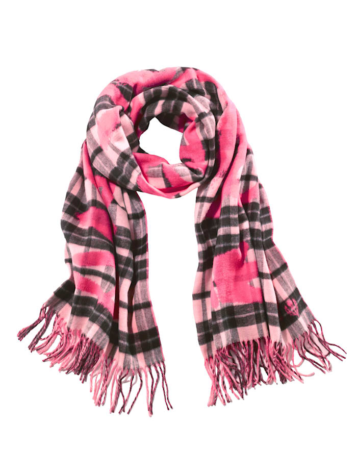 Fraas Sjaal met trendy ruitpatroon en opschrift, Roze/Pink/Zwart