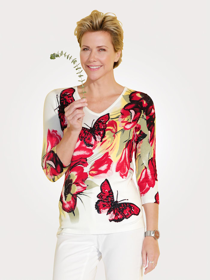 MONA Pullover mit Schmetterlingsdruck, Weiß/Oliv/Rot