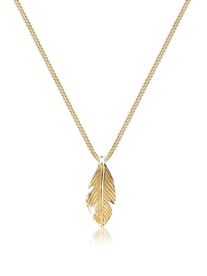 Elli Premium Halskette Feder Boho Look Luxuriös 585 Gelbgold, Gold