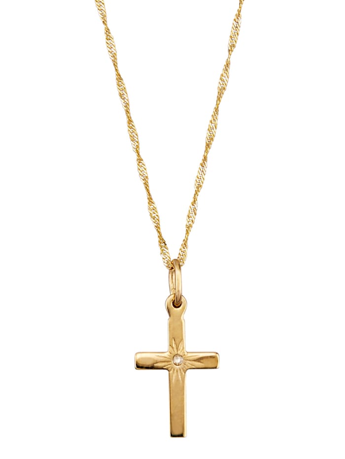 Pendentif croix à diamants et chaîne en or jaune 585, Or jaune