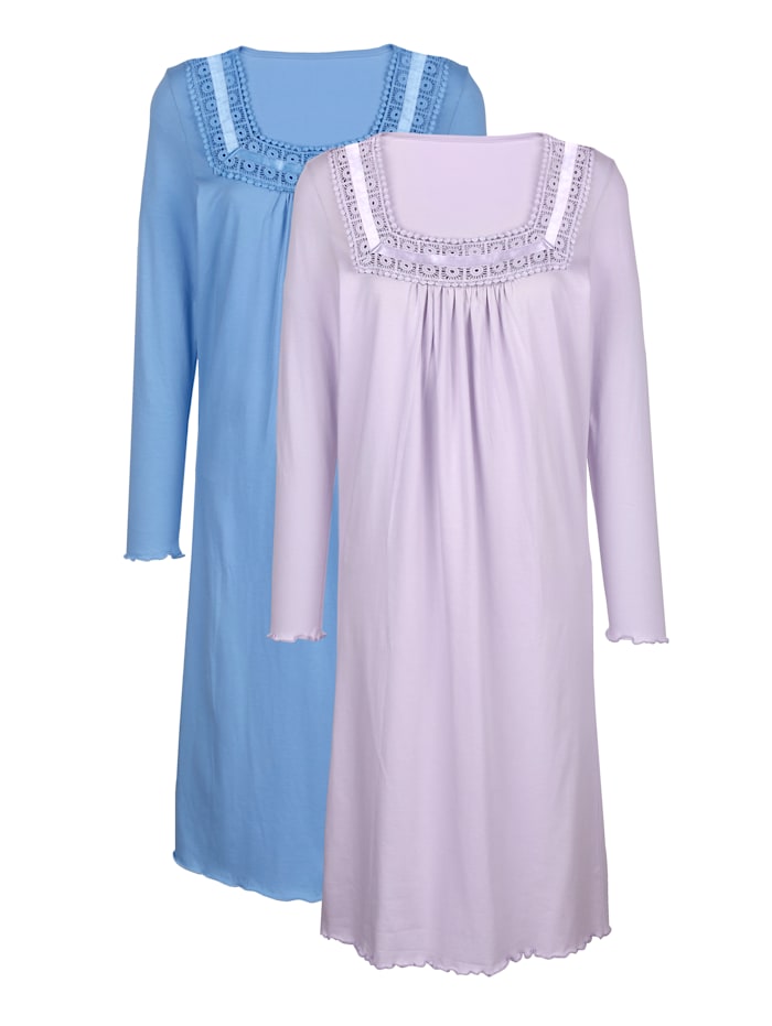 Harmony Nachthemden per 2 stuks met kant aan de hals, Blauw/Lila
