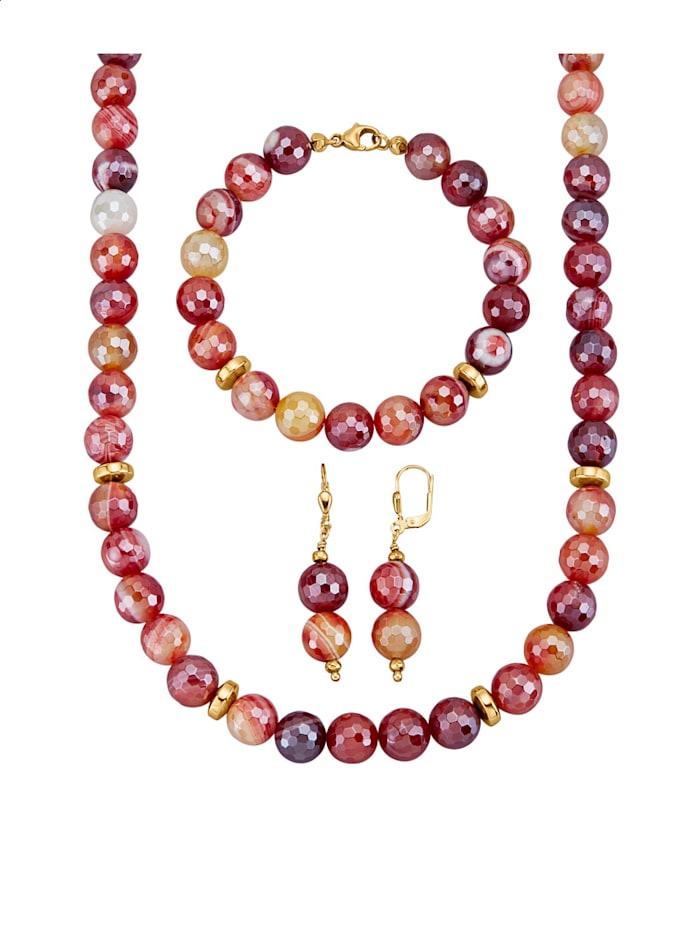 Amara Pierres colorées Parure de bijoux 3 pièces en perles d'agate rouge, Rouge
