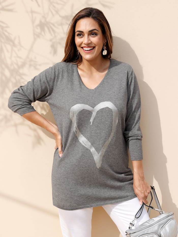 MIAMODA Pullover mit glänzendem Herz-Print, Grau