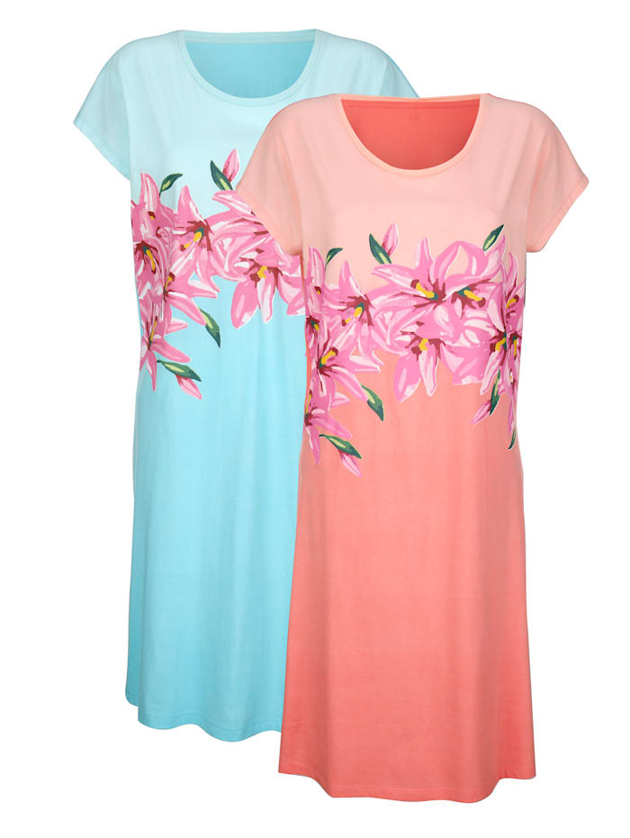 Harmony Nachthemden per 2 stuks met leuke bloemenprint, Turquoise/Apricot