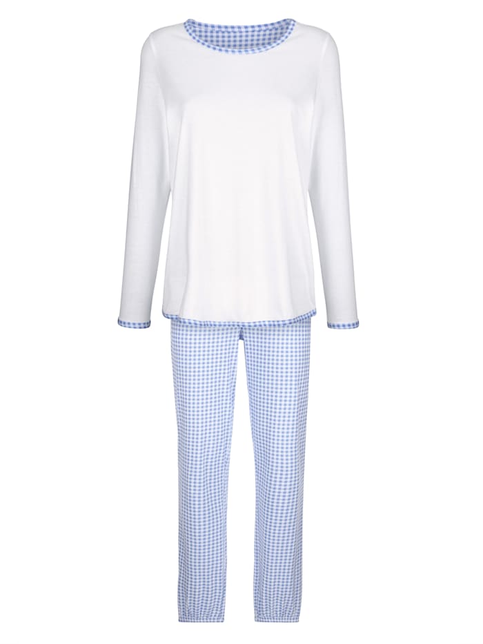 Harmony Pyjama met leuke elleboogpatches, Wit/Lichtblauw