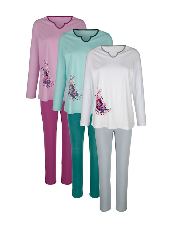 Harmony Pyjama's per 3 stuks met bloemendessin, Cyclaam/Grijs/Groen