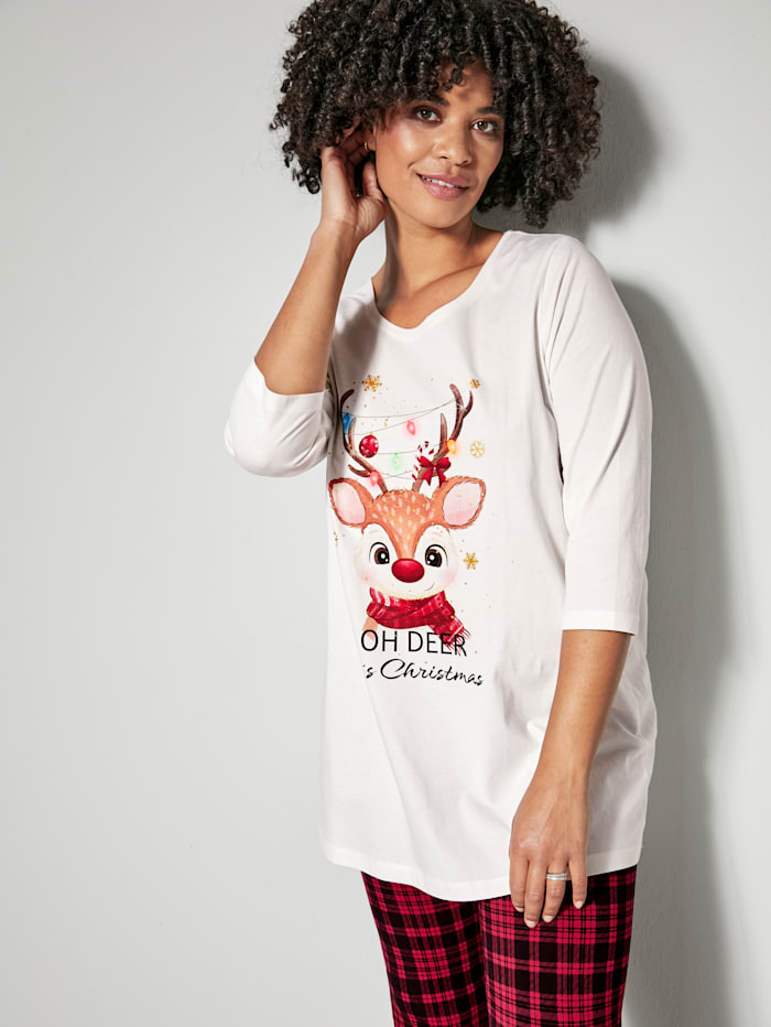 Janet & Joyce Shirt mit weihnachtlichem Rentier-Print, Off-white