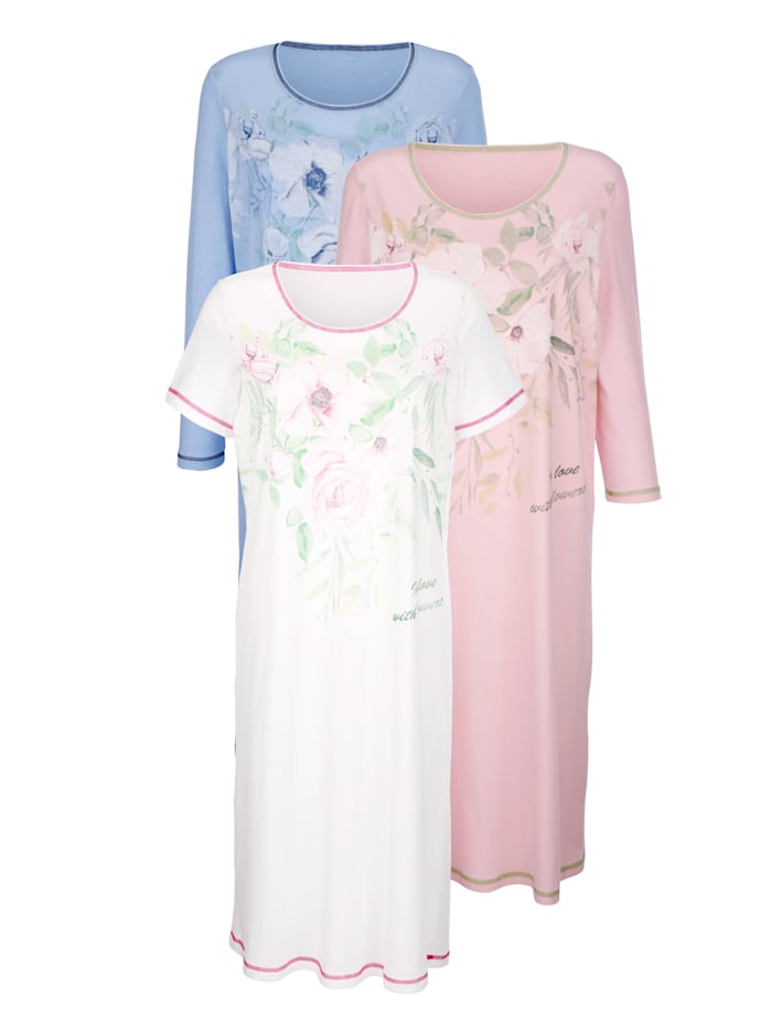 Harmony Nachthemden per 3 stuks met 3 verschillende mouwlengtes, Wit/Roze/Lichtblauw