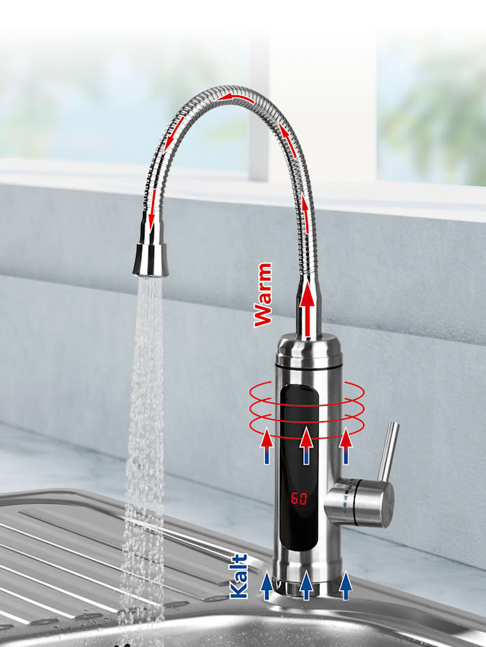 MAXXMEE Elektrische Edelstahl-Wasserarmatur, 2 wechsel- & 360° schwenkbare Wasserhahn-Aufsätze, Durchlauferhitzer, Silberfarben