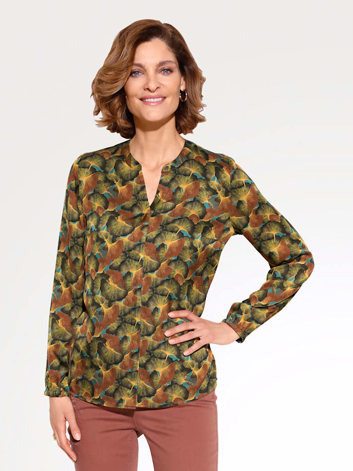 MONA Bluse mit Blätterdruck, Grün/Braun